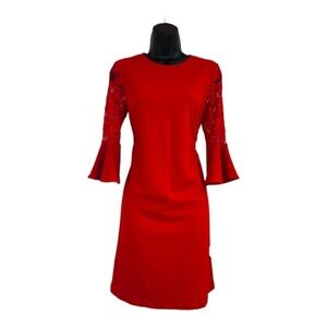 Nanette Lepore‎ red riding hood paradise blooms lace flute sleeves sheath dress